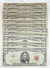 11 Red Seal $5 Notes 1953-1963.