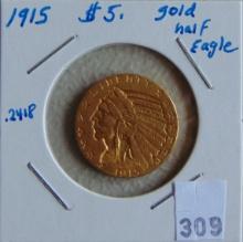 1915 U.S. Gold Half Eagle .2418 Troy AU.