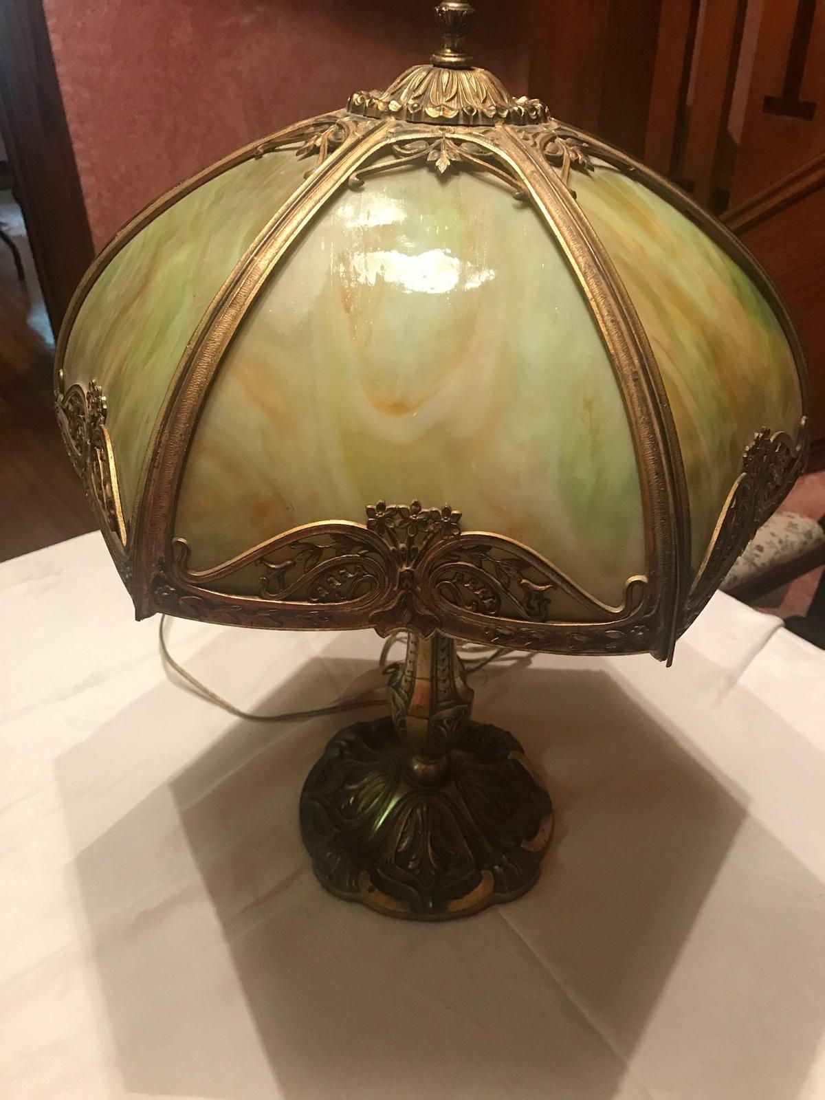 Antique 20" brass table lamp with slag shade (Mint Condition)