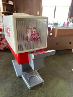 Vintage Coca Cola plastic...pop dispenser, brown crock bean pot with lid, Watkins double strength