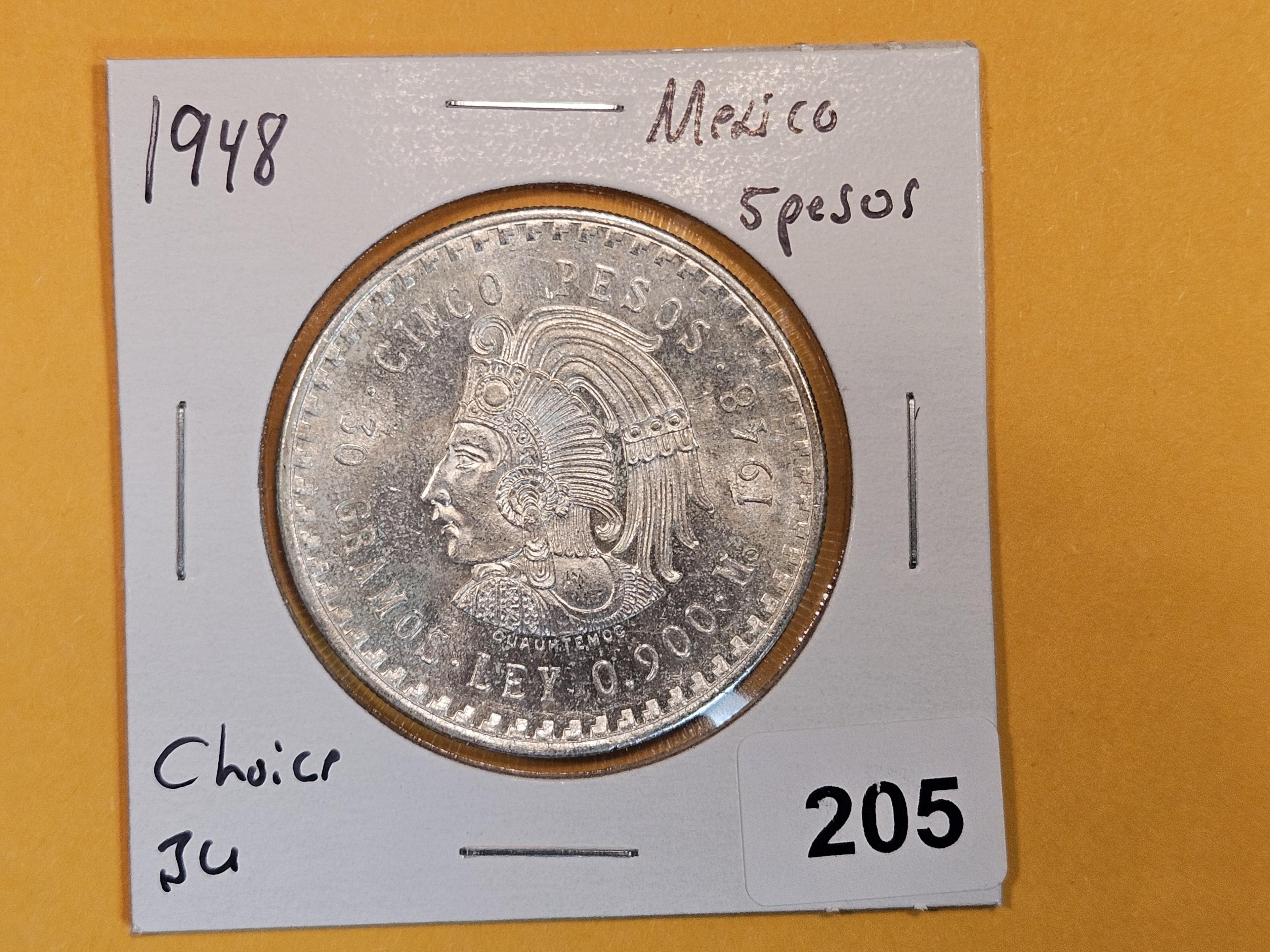 Choice Brilliant Uncirculated 1948 Mexico 5 pesos