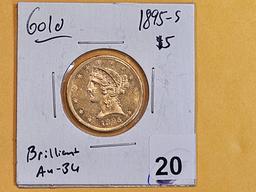 GOLD! Brilliant AU-BU 1895-S Gold Liberty Head Five Dollar Half-Eagle