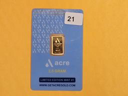 GOLD! Acre Gold .9999 fine 2.5 gram Gold Bar