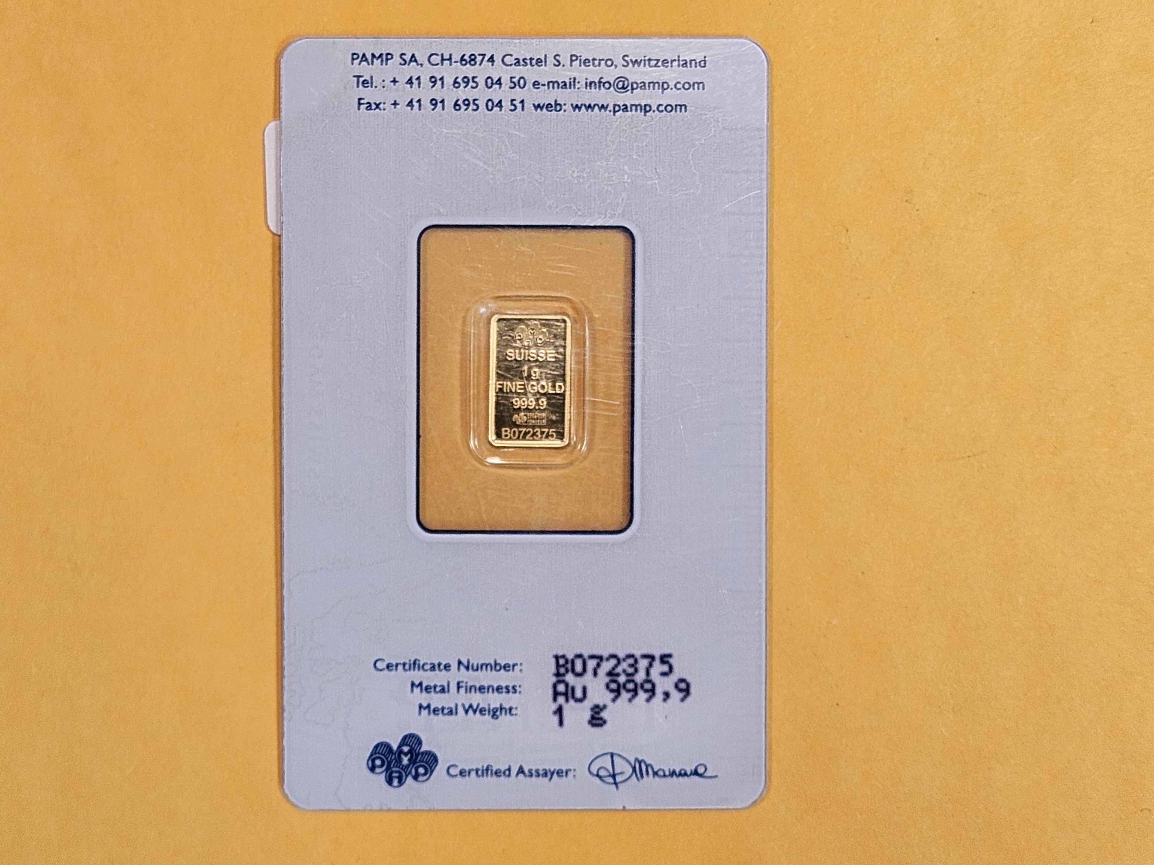 GOLD! PAMP Suisse .9999 fine one gram gold bar