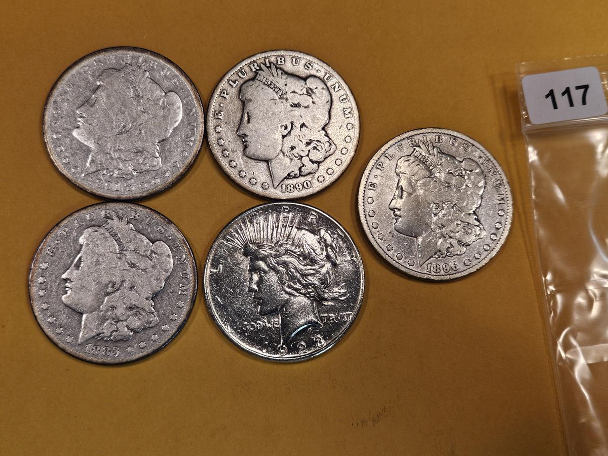 Five Mixed Silver Dollars