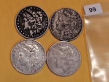 Four mixed Morgan Silver Dollars