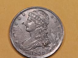 * 1838 Capped Bust Reeded Edge Half Dollar in Bright About Uncirculate - details