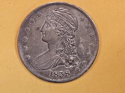 * 1838 Capped Bust Reeded Edge Half Dollar in Bright About Uncirculate - details