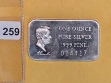 One Troy ounce .999 fine silver proof art bar
