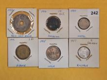 Six mixed World Coins