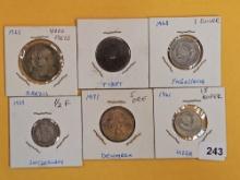 Six mixed World Coins