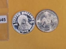 Two 1 Troy ounce .999 fine silver art rounds