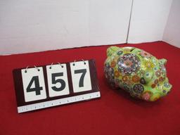 1960's Gem Stone Embellished Vibrant Hand Painted Piggy Bank