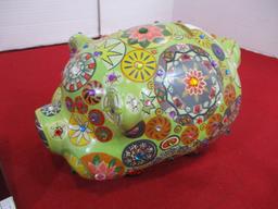 1960's Gem Stone Embellished Vibrant Hand Painted Piggy Bank