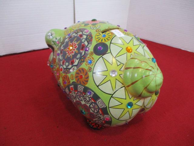 1960's Gem Stone Embellished Vibrant Hand Painted Piggy Bank
