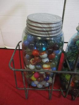 Vintage Marbles w/ Milk Bottle Caddy