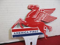 Mobil Oil America First Die Cut Tin License Plate Topper-A