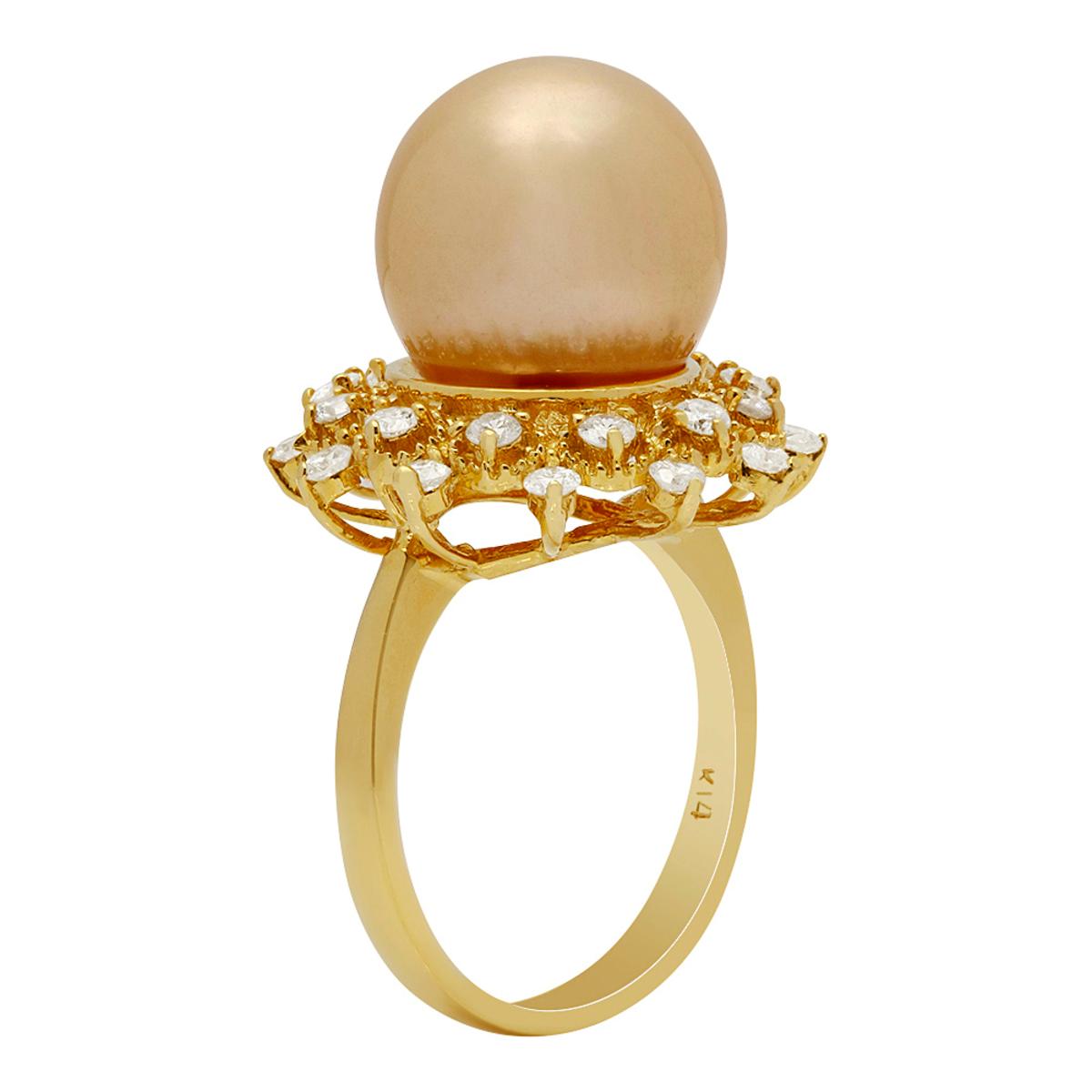 14k Yellow Gold 12mm Pearl 0.78ct Diamond Ring