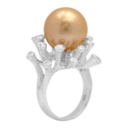 14k White Gold 15mm Pearl 0.41ct Diamond Ring