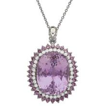 14k White Gold 51.32ct Kunzite 2.05ct Sapphire 1.60ct Diamond Pendant