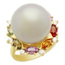 14k Yellow Gold 15.5mm Pearl 2.36ct Sapphire 0.32ct Diamond Ring