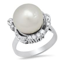 18K White Gold Setting with one 12mm White South Sea Pearl and 0.22ct Diamond Ladies Ring