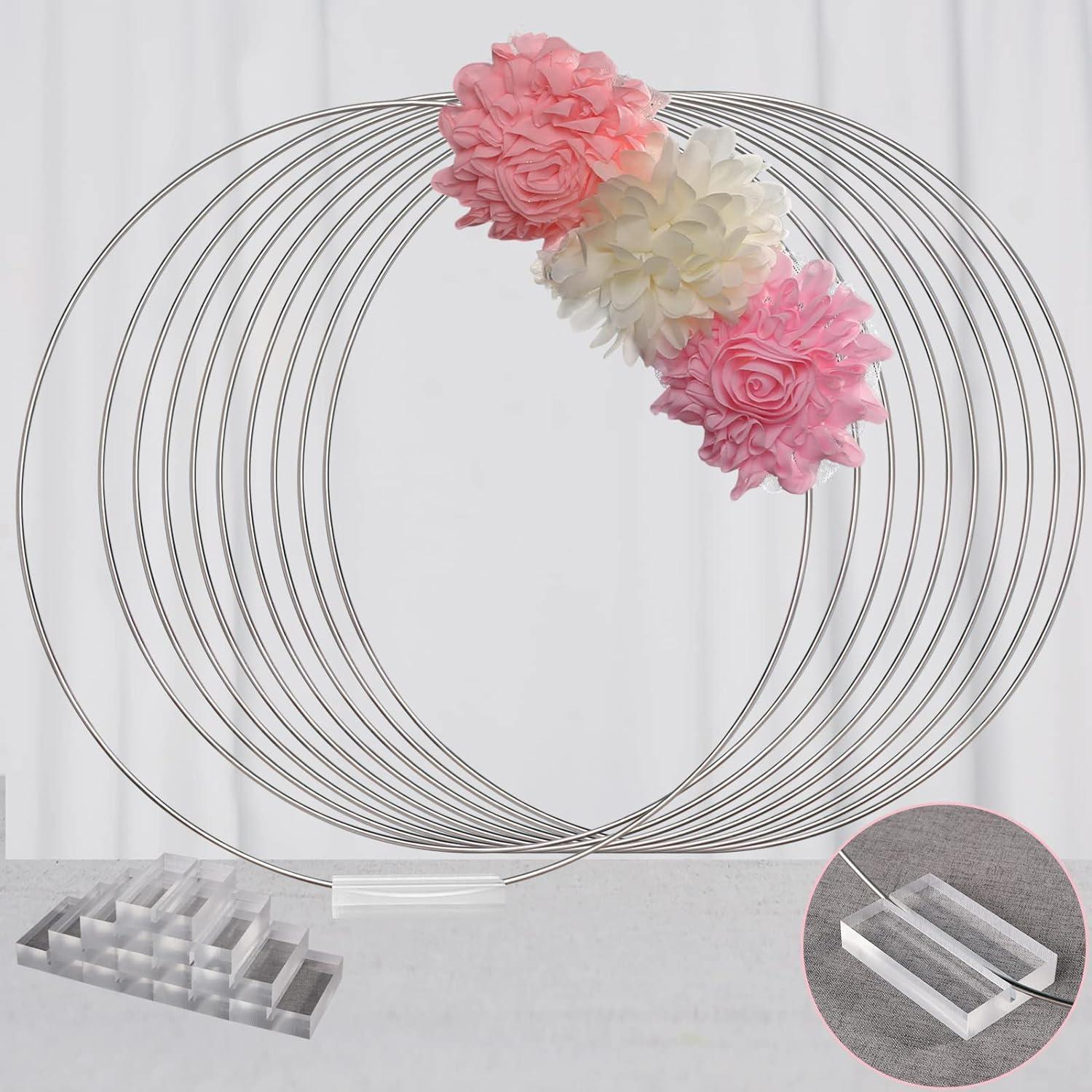 YALLOVE 10 PCS 14" Floral Hoop Table Centerpiece, Silver-Tone Metal Wreath Ring Stand, Retail $30