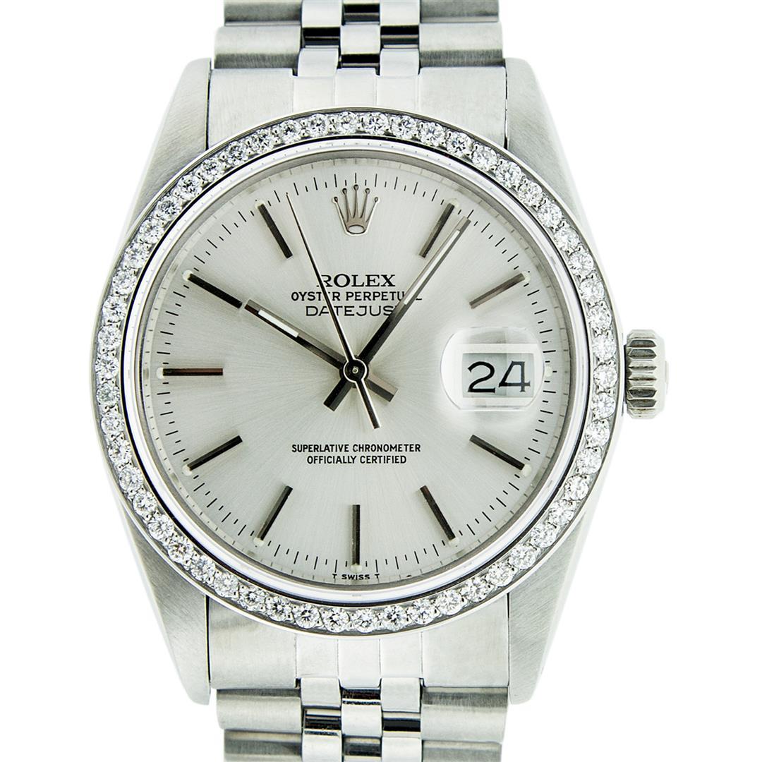 Rolex Mens Stainless Steel Silver Index Diamond Bezel Datejust Wristwatch 36MM