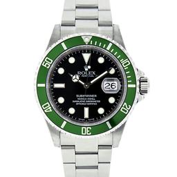 Rolex Mens Stainless Steel Black Dial Green Insert Anniversay Edition Submariner