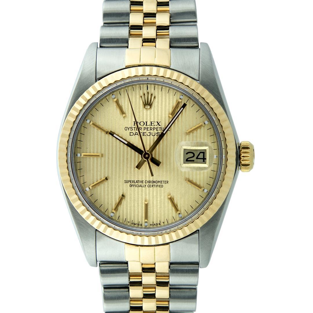 Rolex Mens 2T 14K Gold And Steel Champagne Tapestry Datejust Wristwatch 36MM