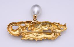 18K Yellow Gold Pearl & Diamond Brooch Cast from Japanese Menuki by R.L. Kay