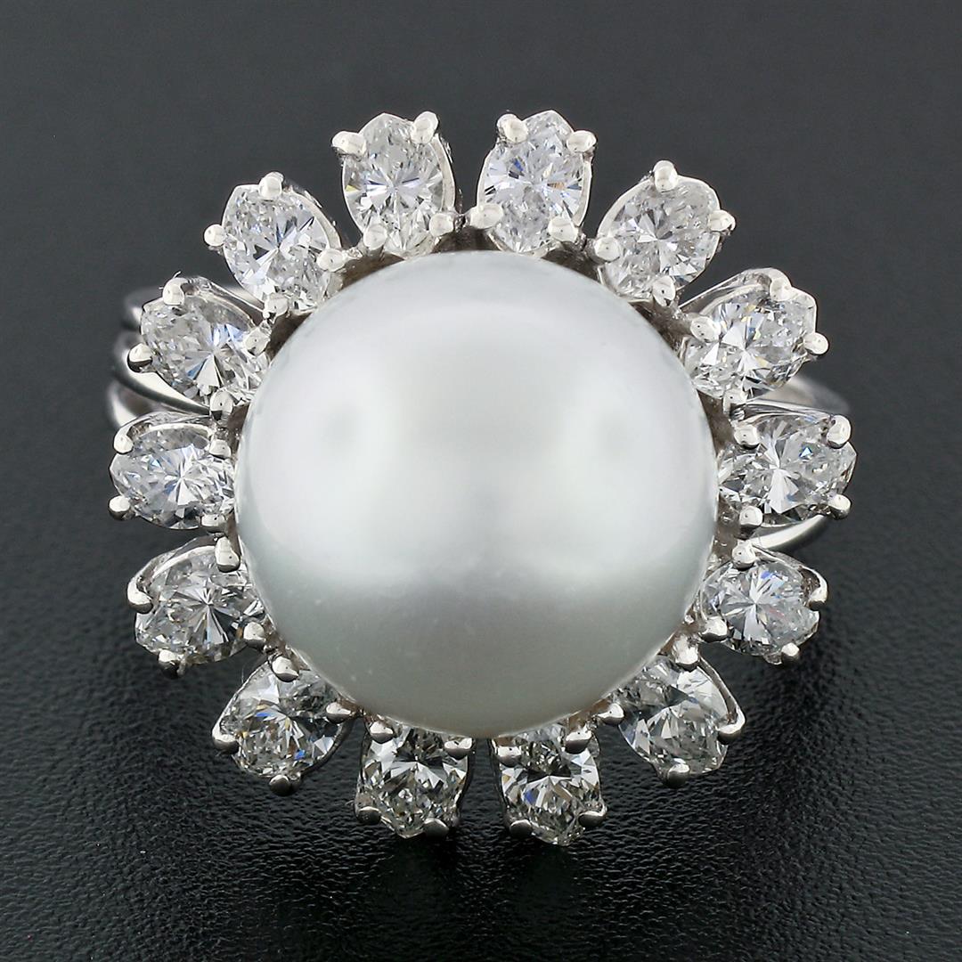 Vintage 18k White Gold 12.7mm South Sea Pearl 2.10 ctw Marquise Diamond Halo Rin