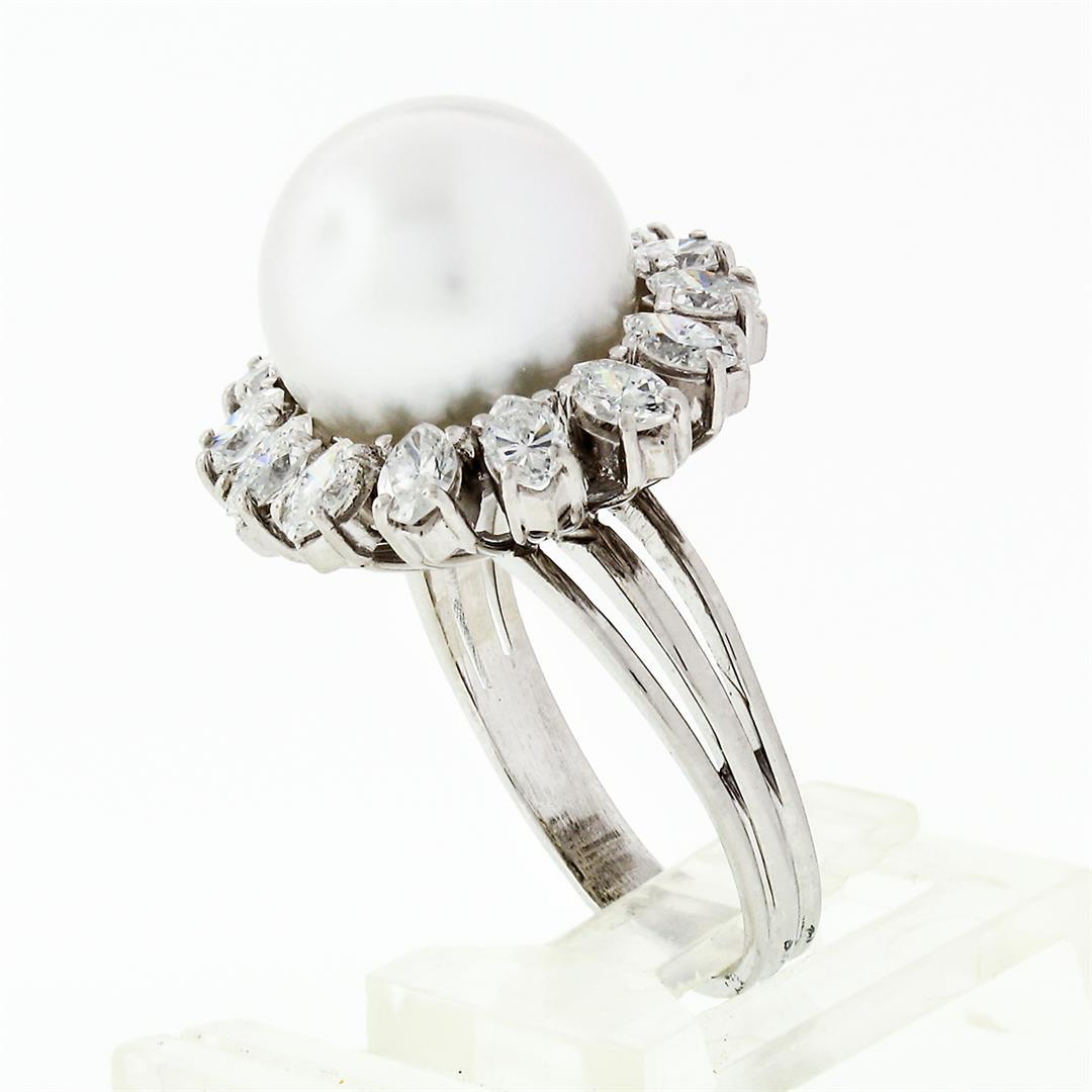 Vintage 18k White Gold 12.7mm South Sea Pearl 2.10 ctw Marquise Diamond Halo Rin