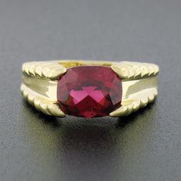14k Yellow Gold GIA 3 ctw Cushion Rubellite Tourmaline Solitaire Grooved Side Ri