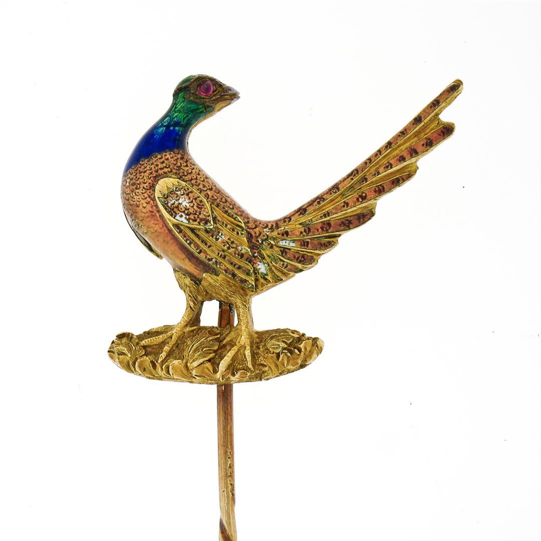 Rare Antique Art Nouveau 18K Gold Ruby Enamel LARGE Detailed Pheasant Stick Pin