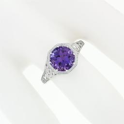 NEW 14k White Gold 1.85 ctw Fine Filigree & Milgrain Work Amethyst Solitaire Rin