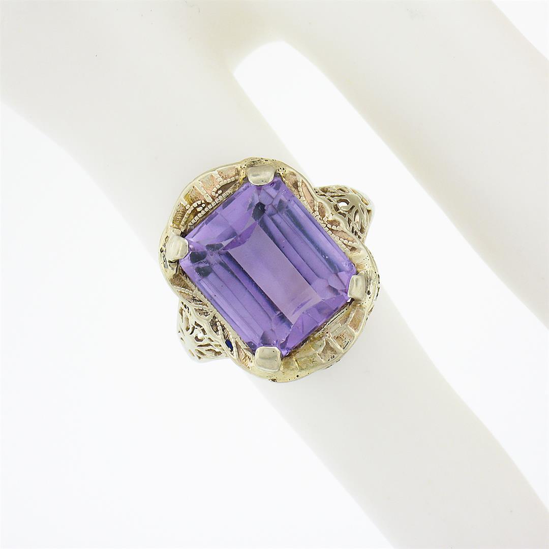 Antique Art Deco 14k Gold Rectangular Step Cut Amethyst Solitaire Filigree Ring