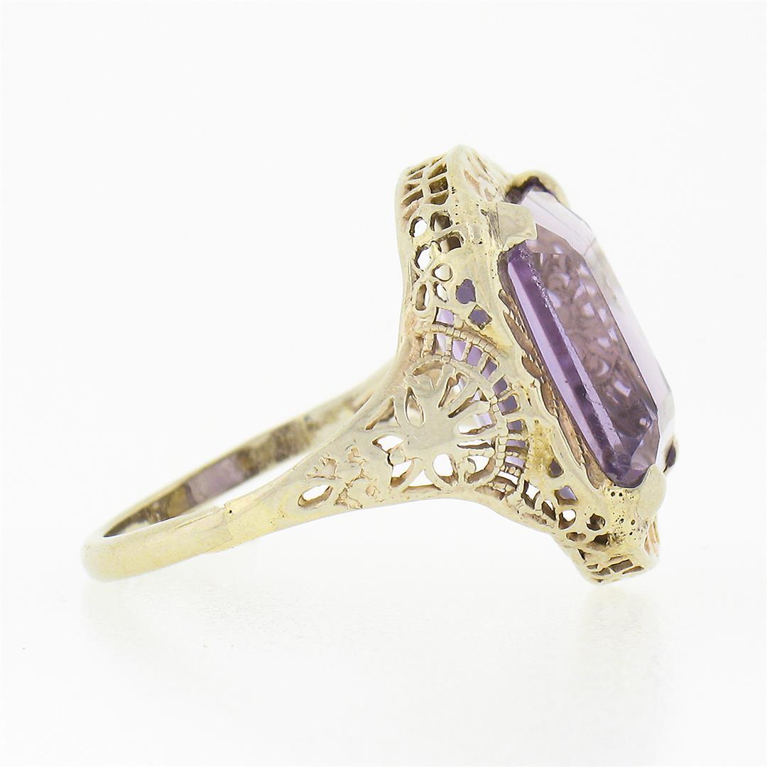 Antique Art Deco 14k Gold Rectangular Step Cut Amethyst Solitaire Filigree Ring