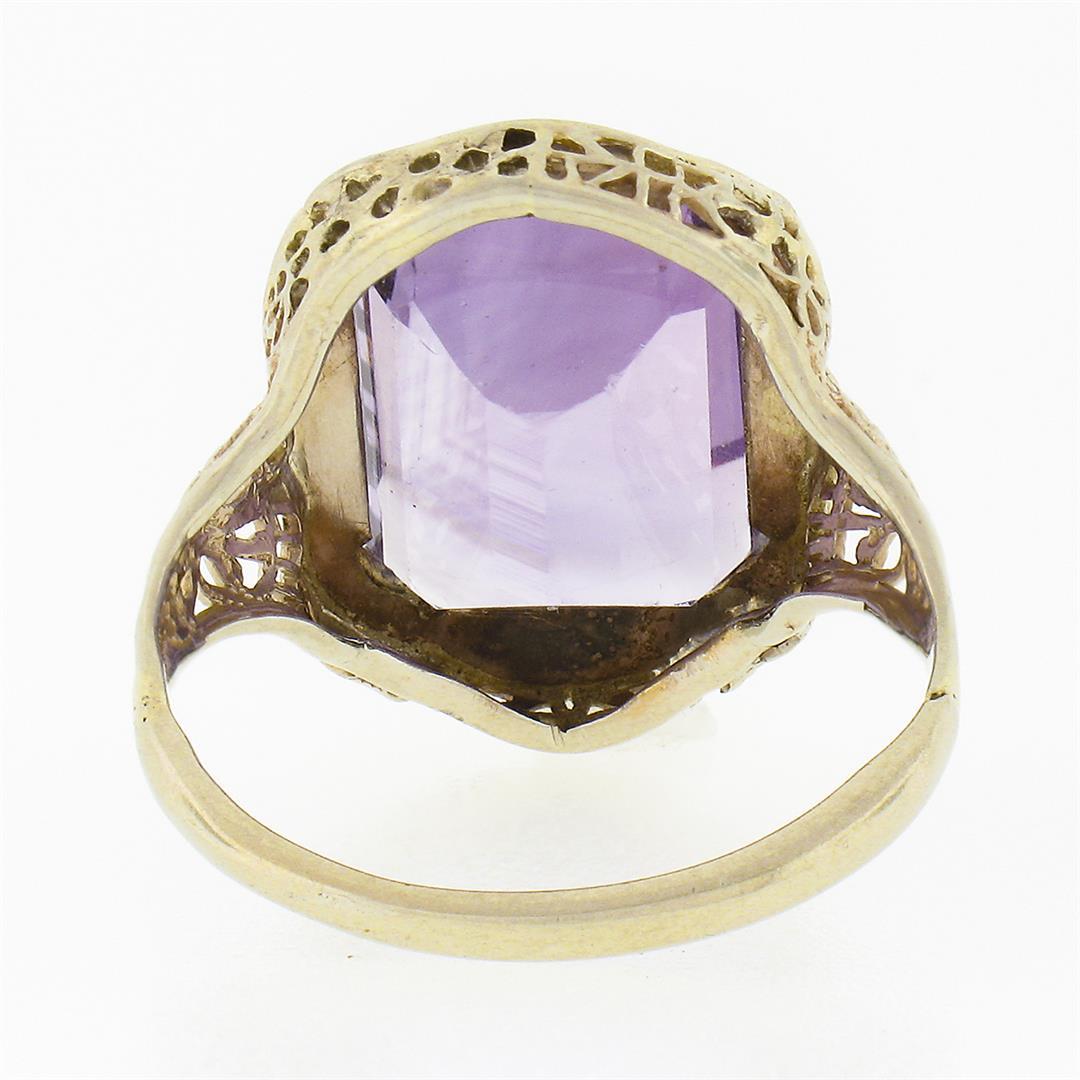 Antique Art Deco 14k Gold Rectangular Step Cut Amethyst Solitaire Filigree Ring