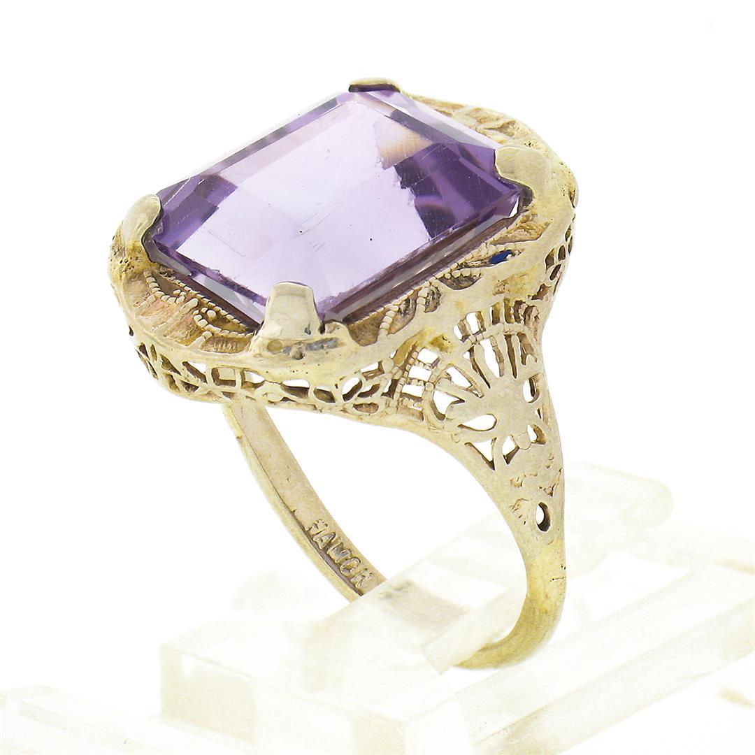 Antique Art Deco 14k Gold Rectangular Step Cut Amethyst Solitaire Filigree Ring