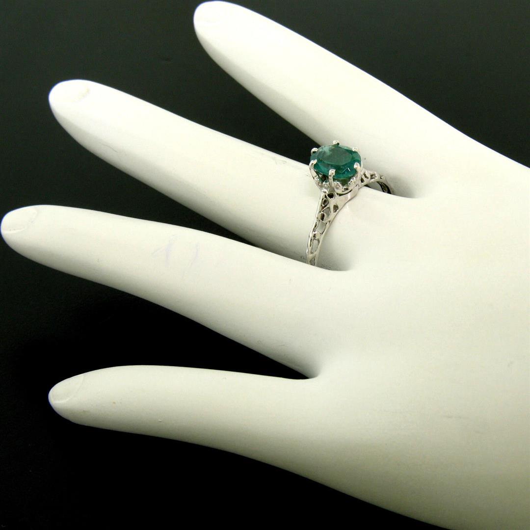 Vintage 14k White Gold 1.38 ctw Prong Set Oval Cut Emerald Filigree Solitaire Ri