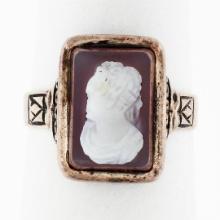 Antique 1878 Victorian 14k Rose Gold Carved Agate Hardstone Cameo Etched Ring