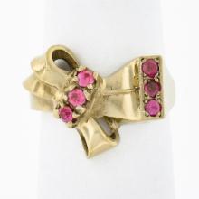 Vintage Retro 10k Yellow Gold Round Brilliant Red Stone Polished Bow Ribbon Ring