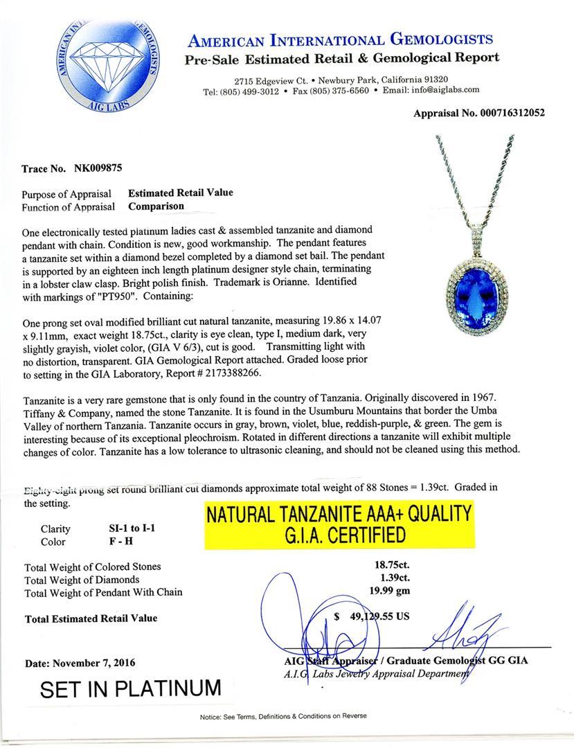 18.75 ctw Tanzanite and 1.39 ctw Diamond Platinum Pendant/Necklace (GIA CERTIFIE