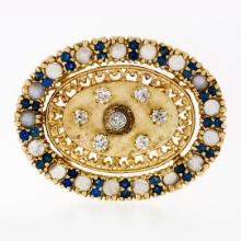 Vintage 14k Gold 2.4 ctw Diamond Sapphire Moonstone Oval Wreath Brooch Pendant