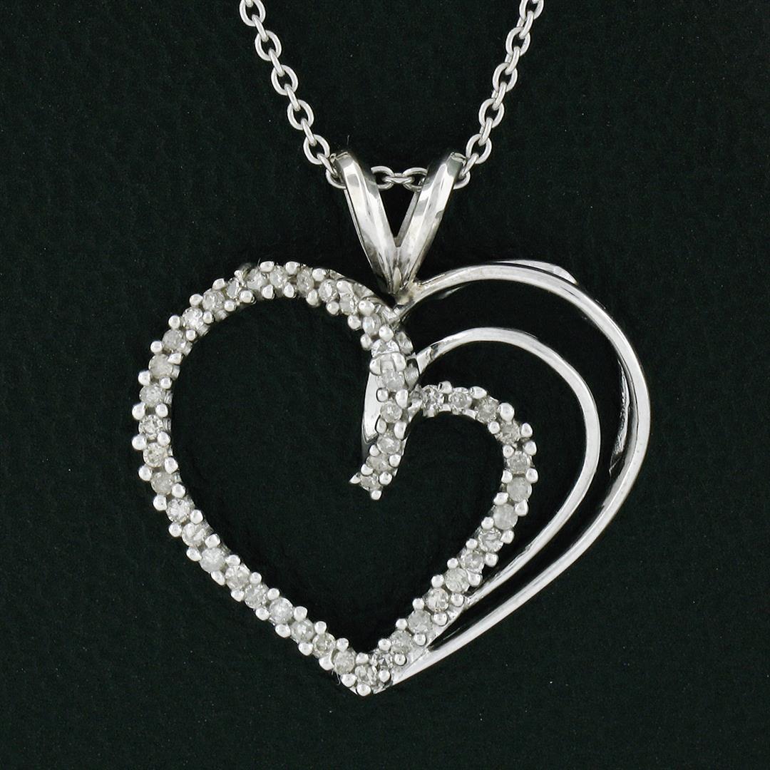 14K White Gold 0.50 ctw Double Diamond Open Heart Swirl Pendant & 20" Cable Chai