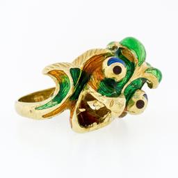 Vintage 18K Yellow Gold Multi Color Enamel Large Dragon or Fish Wrap Band Ring