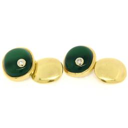 Manfredi 18k Yellow Gold Cabochon Green Chrysoprase & Diamond Men's Cuff Links