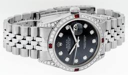 Rolex 36MM Stainless Steel Black Diamond Lugs & Ruby Datejust Wristwatch