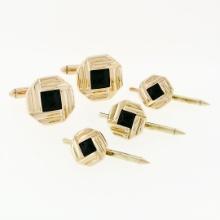 Men's 14k Gold Square Black Onyx Infinite Octagon Cuff Links & 3 Button Stud Set